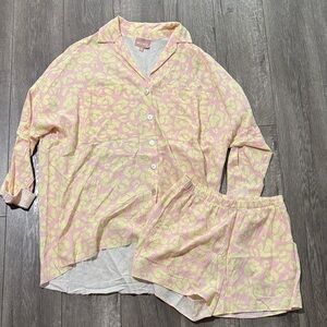 Show Me Your Mumu Oversized Leopard Pink Yellow Button Down Shirt & shorts set